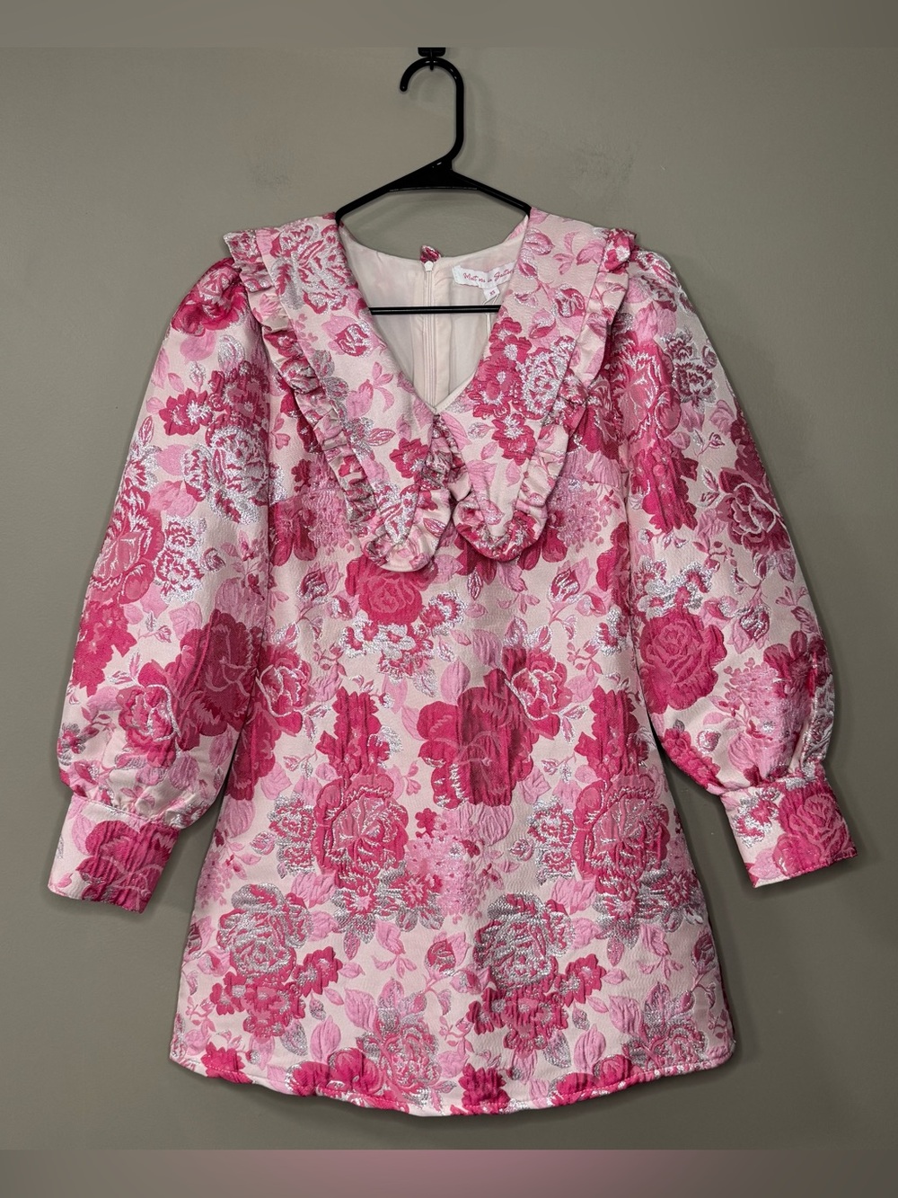 NWT Meet Me in Santorini Pink Jacquard Long Sleeve Collared Mini Dress